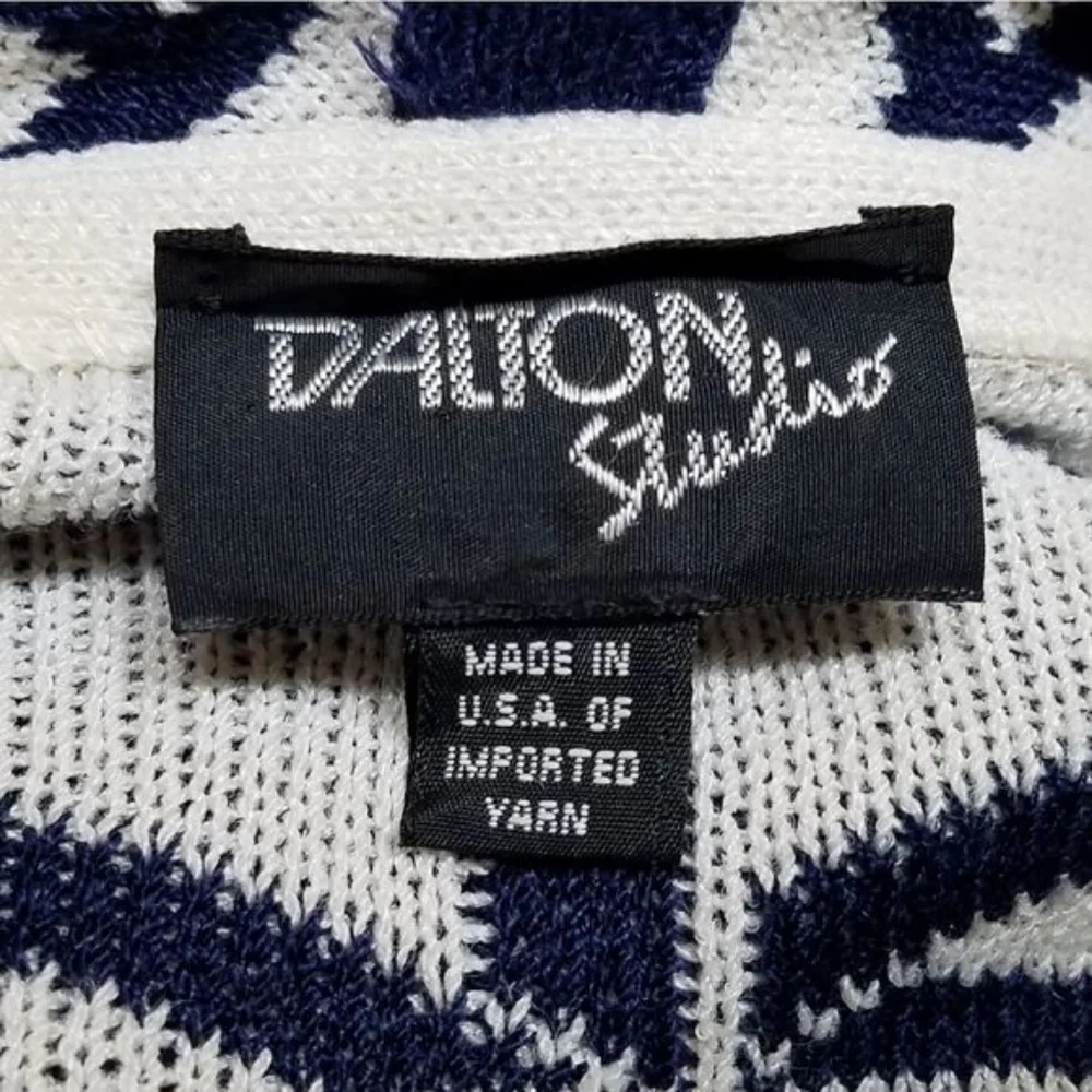 60s Vintage Dalton Blue White Geometric Print Union ILGWU Open Front Cardigan M